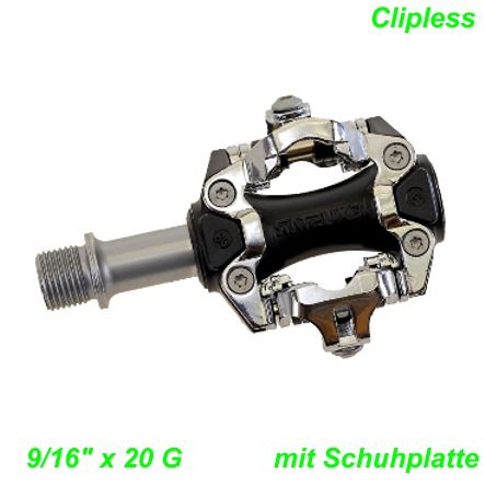 Pedalen Clipless m/Schuhplatte 9/16 x 20G Alu-Körper gedichtete CrMo Achse
