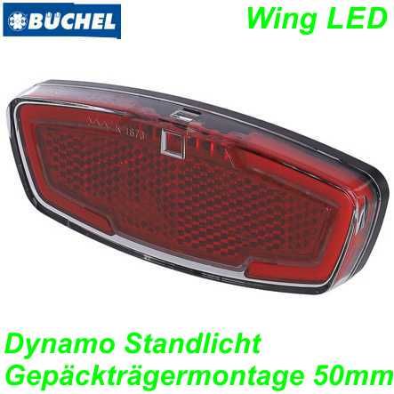 Rücklicht LED Büchel Wing Dynamo Standlicht Gepäckträgerbefest. 50 mm