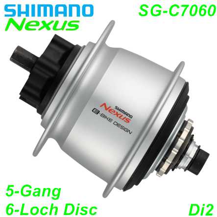 Shimano Getriebenabe NEXUS SG-C7060 5-Gang Di2 32-Loch 148 mm E-THRU 6-Loch silber